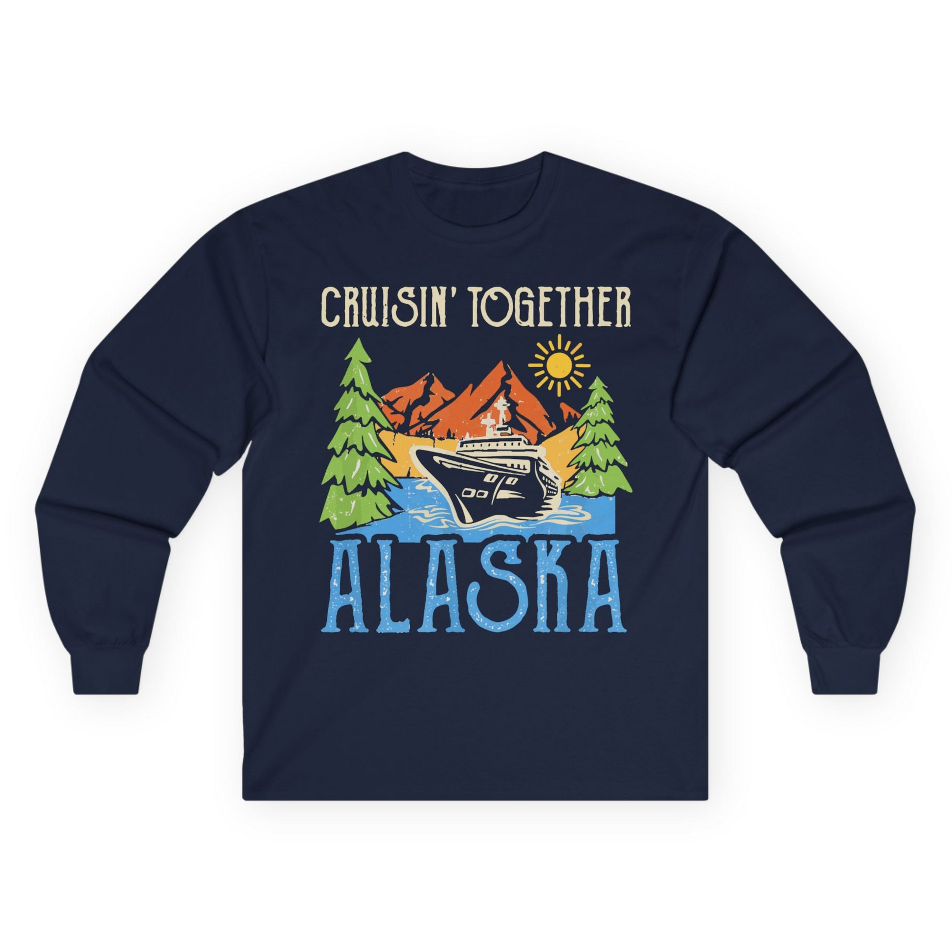Alaska Cruise Adventure Nature Landscape Retro Family Shirt — Long Sleeve Long Sleeve Shirt – Navy – Alaska Cruise Shirts