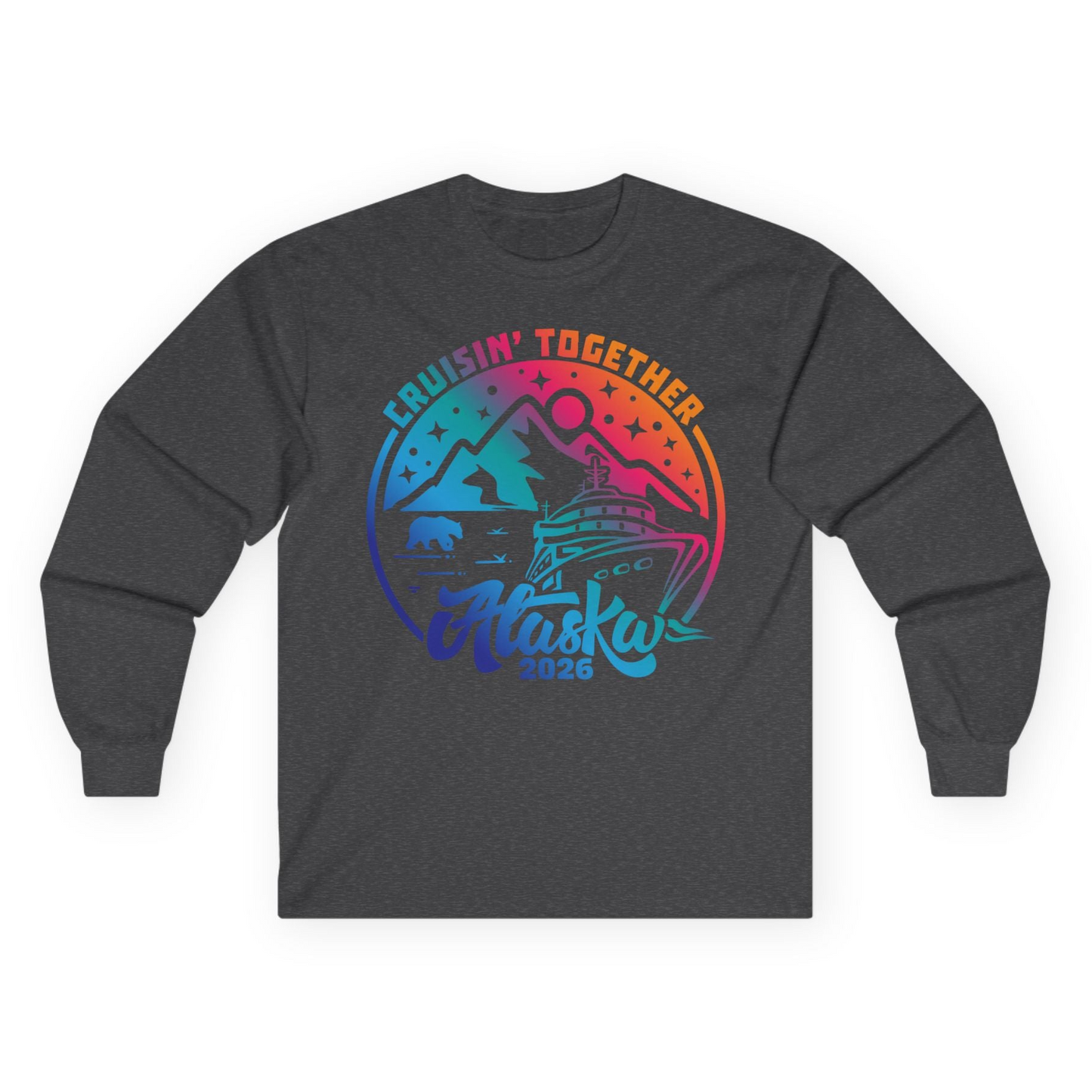 Alaska Cruise Adventure Mountains Wildlife Retro Family Group Shirt 2026 — Long Sleeve Long Sleeve Shirt – Dark Heather – Alaska Cruise Shirts