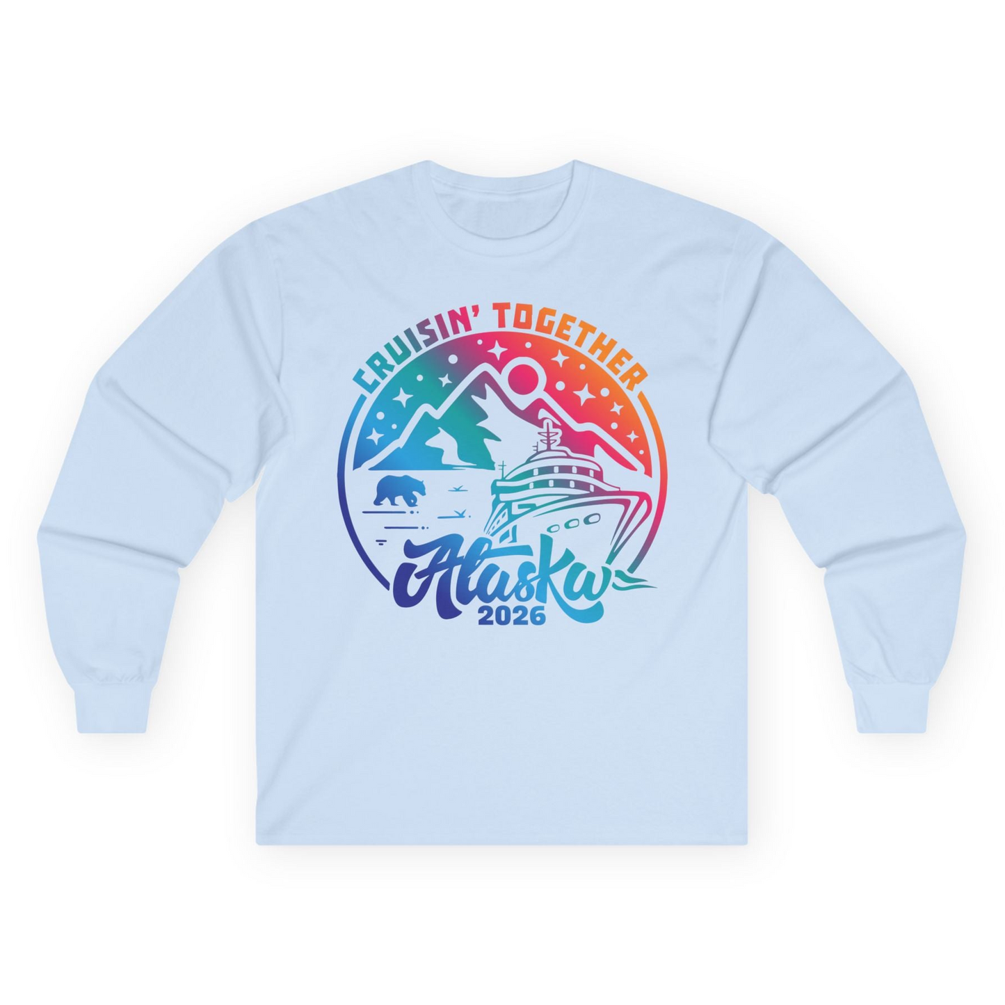 Alaska Cruise Adventure Mountains Wildlife Retro Family Group Shirt 2026 — Long Sleeve Long Sleeve Shirt – Light Blue – Alaska Cruise Shirts