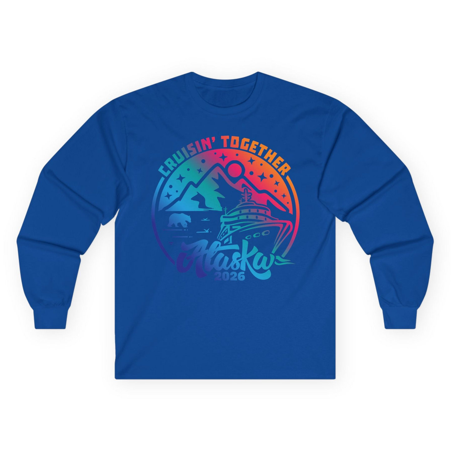 Alaska Cruise Adventure Mountains Wildlife Retro Family Group Shirt 2026 — Long Sleeve Long Sleeve Shirt – Royal – Alaska Cruise Shirts
