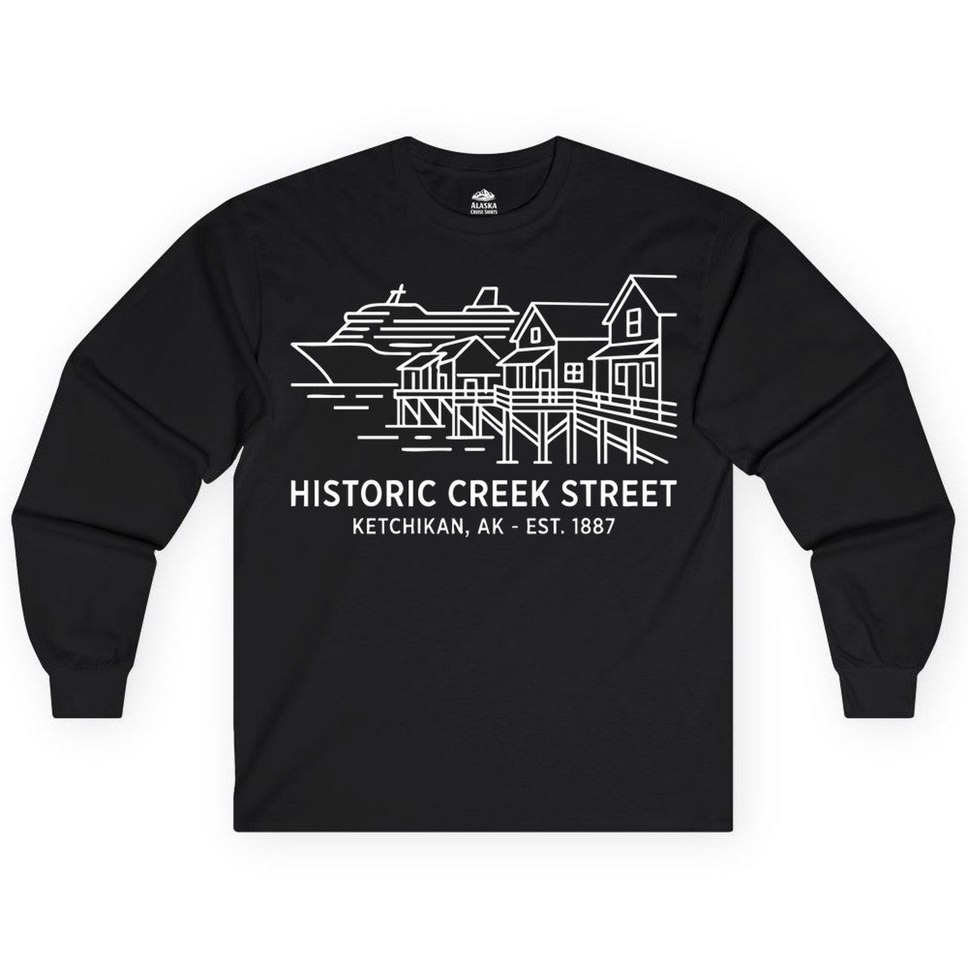 Ketchikan Creek Street Alaska Waterfront and Cruise Ship Shirt — Long Sleeve Long Sleeve Shirt – Black – Alaska Cruise Shirts