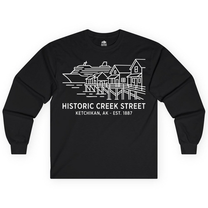 Ketchikan Creek Street Alaska Waterfront and Cruise Ship Shirt — Long Sleeve Long Sleeve Shirt – Black – Alaska Cruise Shirts