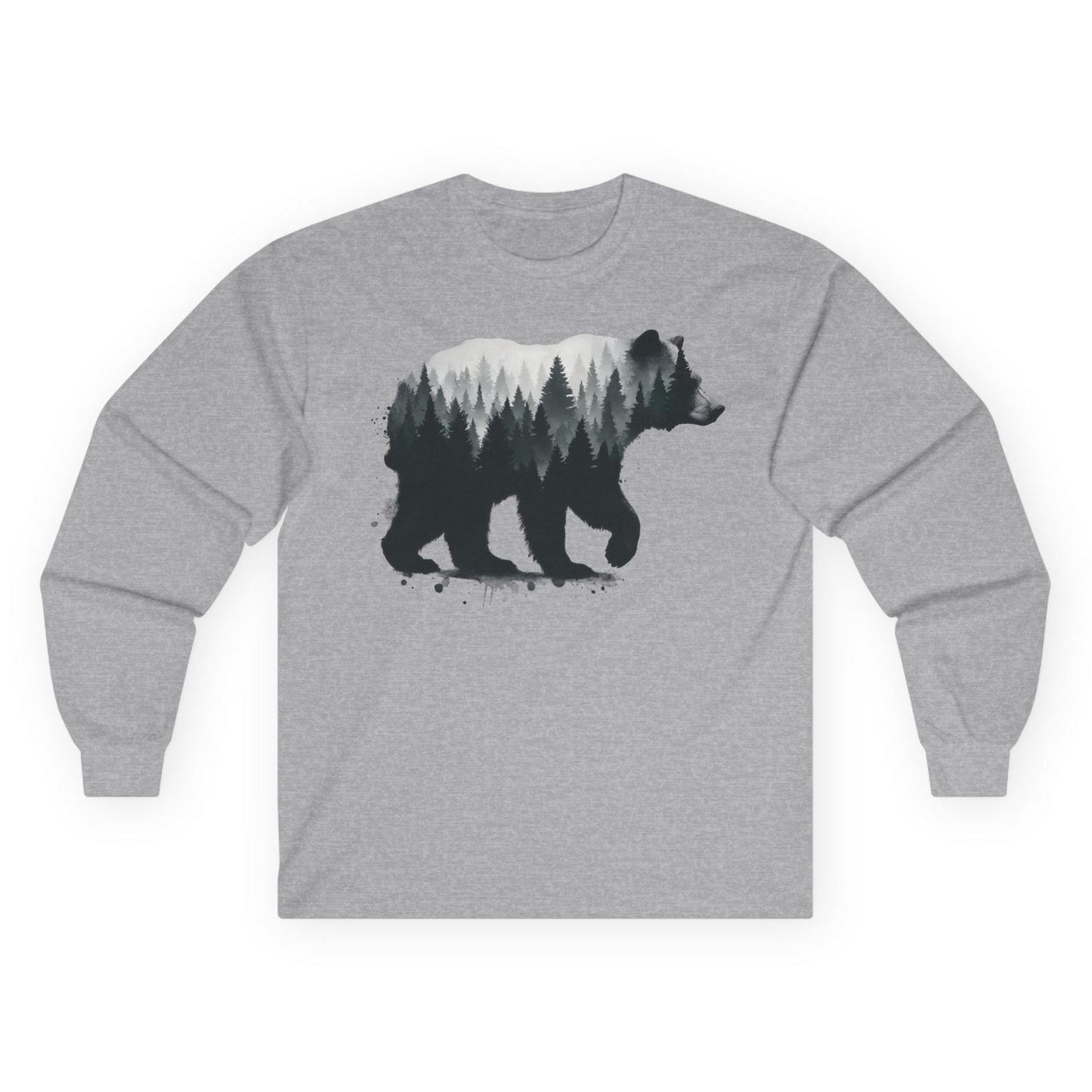 Bear Silhouette Forest Double Exposure Shirt Long Sleeve Shirt – Sport Grey – Alaska Cruise Shirts