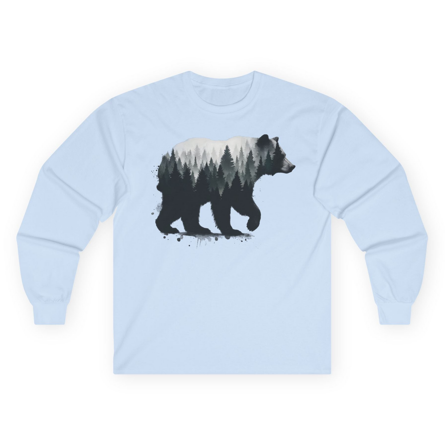Bear Silhouette Forest Double Exposure Shirt Long Sleeve Shirt – Light Blue – Alaska Cruise Shirts