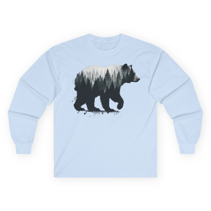 Bear Silhouette Forest Double Exposure Shirt Long Sleeve Shirt – Light Blue – Alaska Cruise Shirts