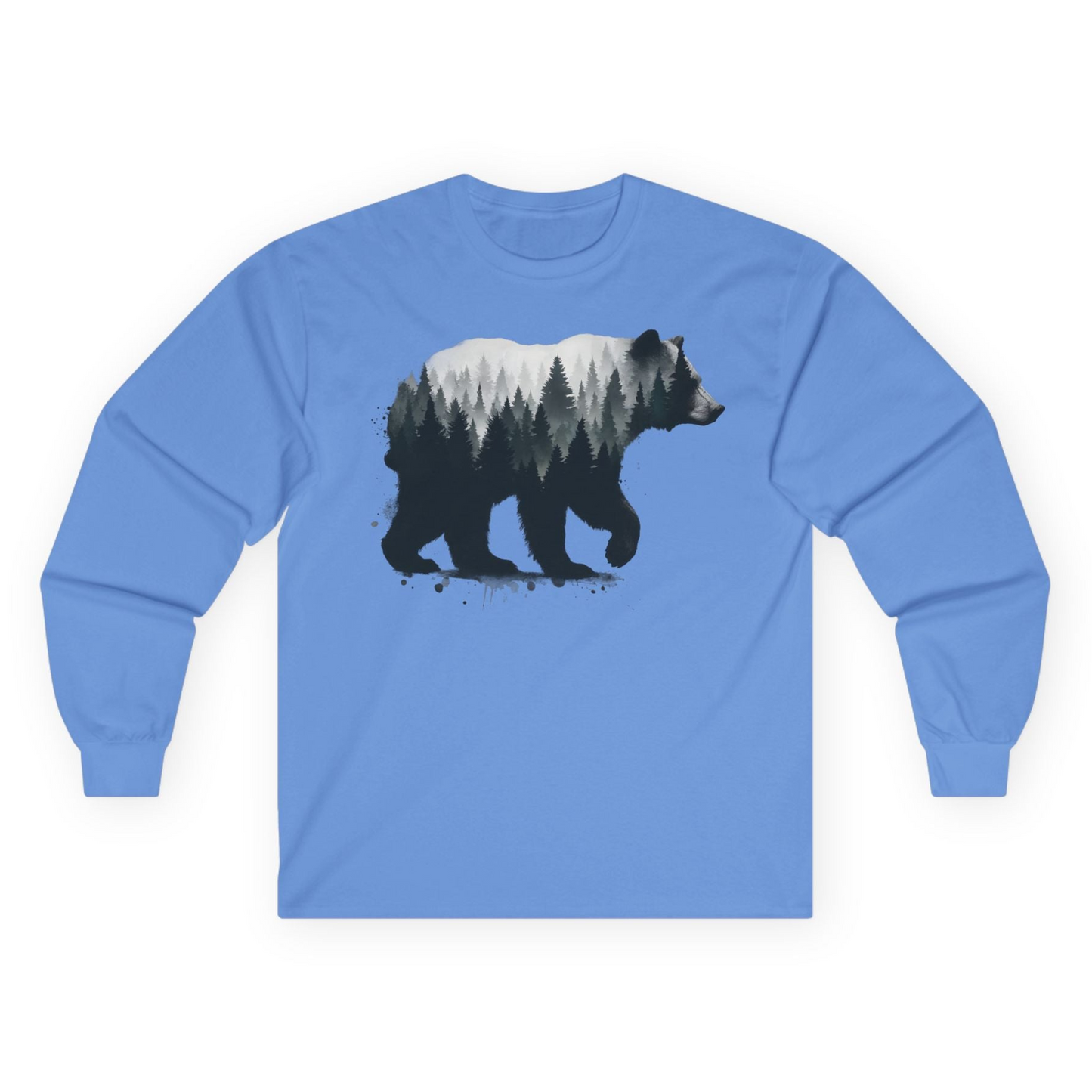 Bear Silhouette Forest Double Exposure Shirt Long Sleeve Shirt – Carolina Blue – Alaska Cruise Shirts