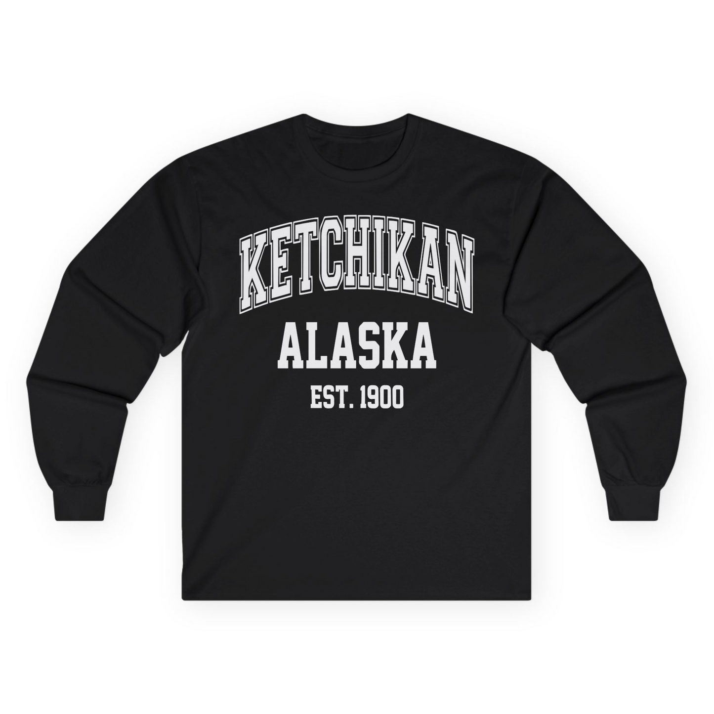 Ketchikan Alaska Collegiate Style Est 1900 Vintage Tee Shirt — Long Sleeve Long Sleeve Shirt – Black – Alaska Cruise Shirts