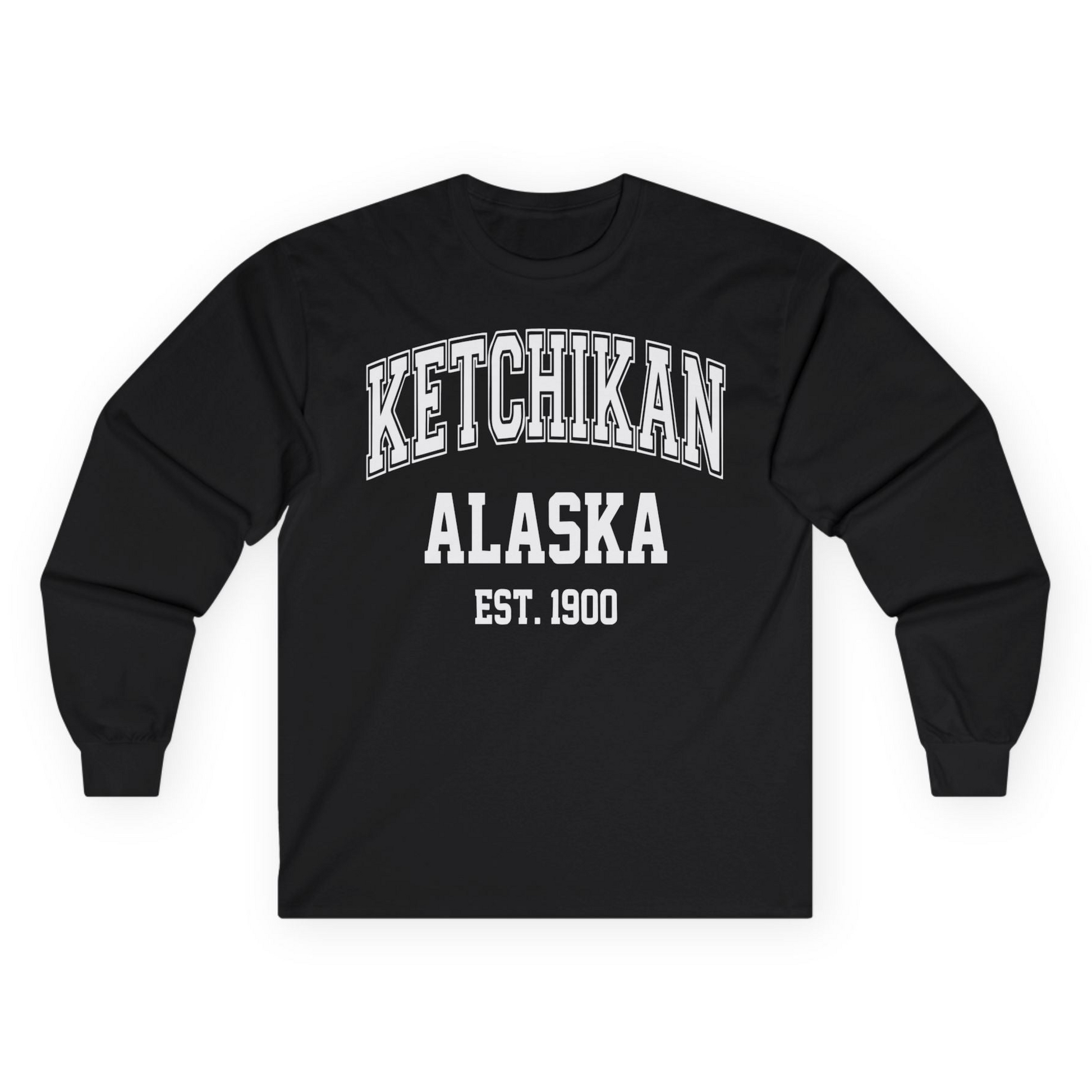 Ketchikan Alaska Collegiate Style Est 1900 Vintage Tee Shirt — Long Sleeve Long Sleeve Shirt – Black – Alaska Cruise Shirts