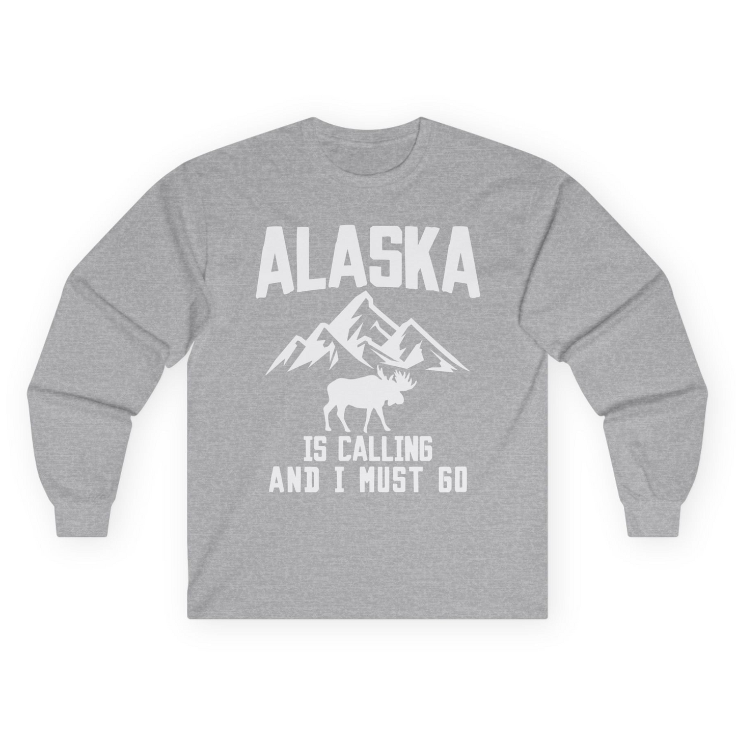 Alaska Is Calling Moose Mountains Adventure Silhouette Nature Shirt Long Sleeve Shirt – Sport Grey – Alaska Cruise Shirts
