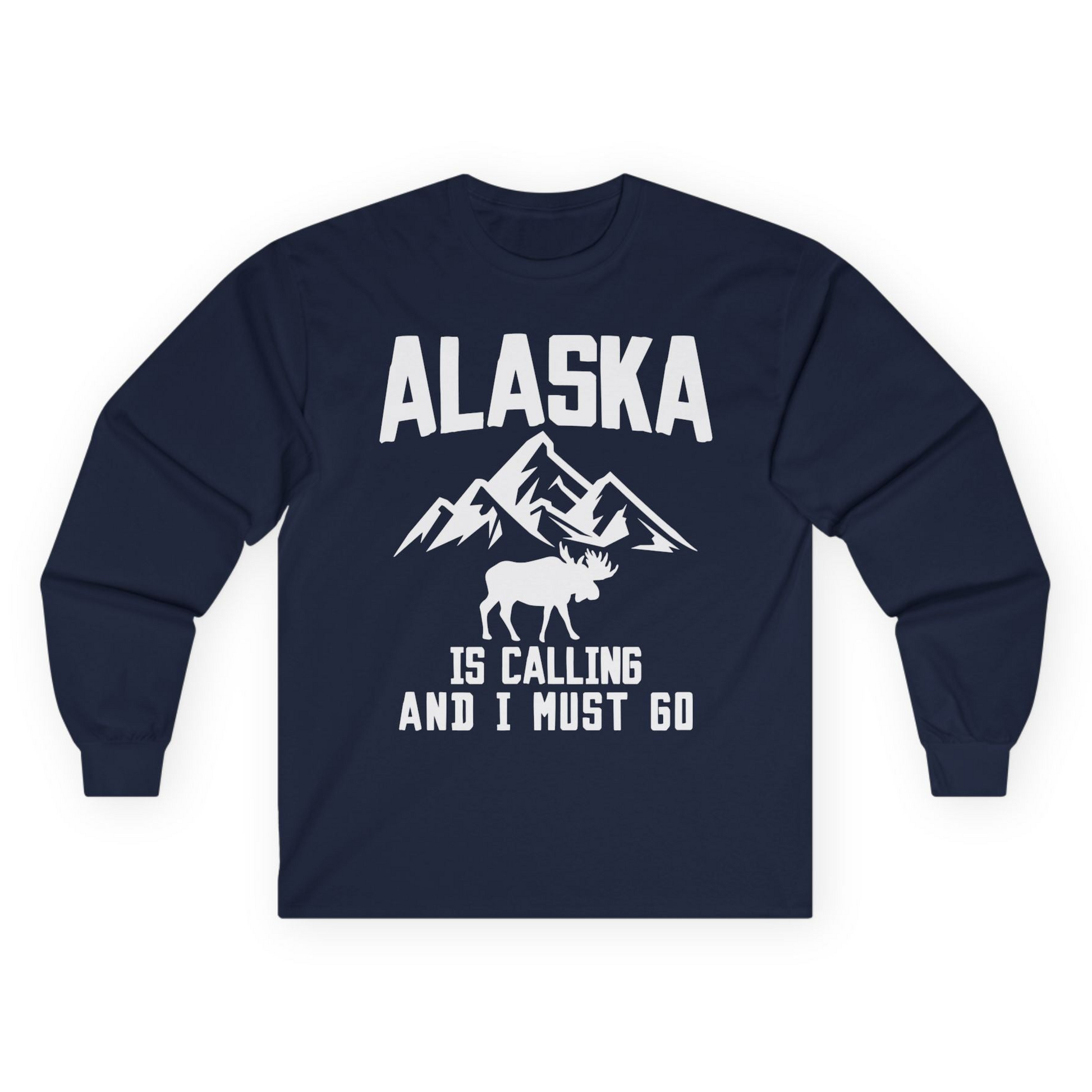 Alaska Is Calling Moose Mountains Adventure Silhouette Nature Shirt Long Sleeve Shirt – Navy – Alaska Cruise Shirts