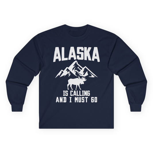 Alaska Is Calling Moose Mountains Adventure Silhouette Nature Shirt Long Sleeve Shirt – Navy – Alaska Cruise Shirts