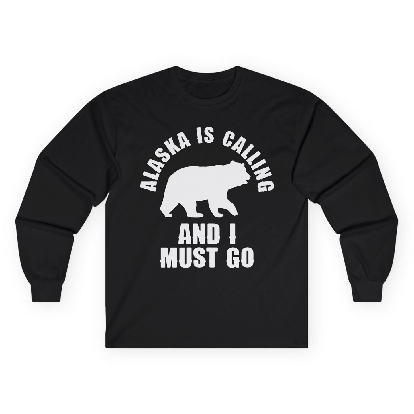 Alaska Is Calling Bear Silhouette Adventure Shirt - Bold Travel Quote Tee Long Sleeve Shirt – Black – Alaska Cruise Shirts