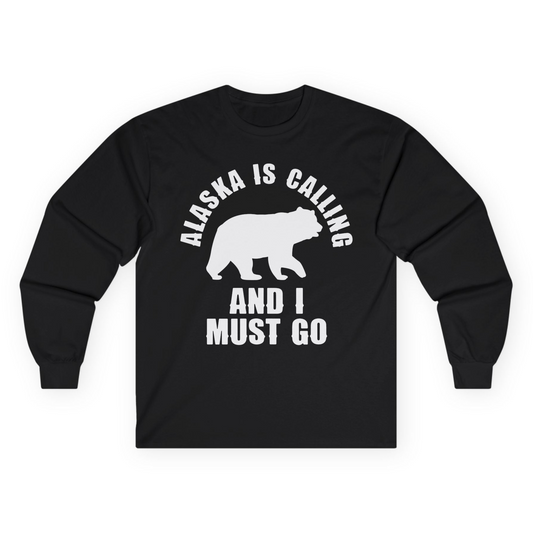Alaska Is Calling Bear Silhouette Adventure Shirt - Bold Travel Quote Tee Long Sleeve Shirt – Black – Alaska Cruise Shirts