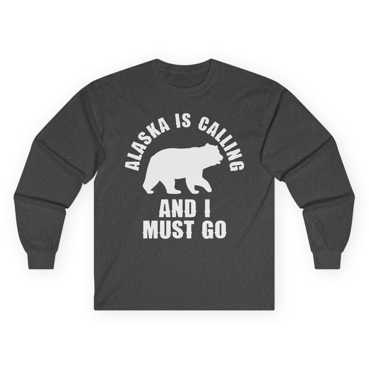 Alaska Is Calling Bear Silhouette Adventure Shirt - Bold Travel Quote Tee Long Sleeve Shirt – Dark Heather – Alaska Cruise Shirts