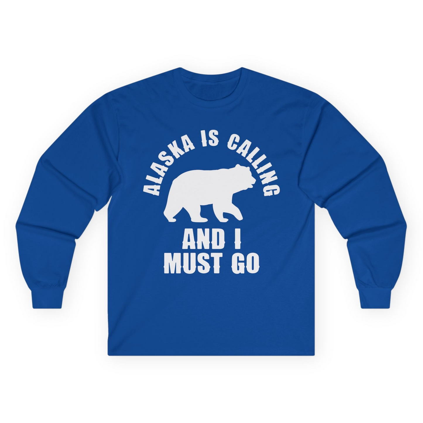 Alaska Is Calling Bear Silhouette Adventure Shirt - Bold Travel Quote Tee Long Sleeve Shirt – Royal – Alaska Cruise Shirts