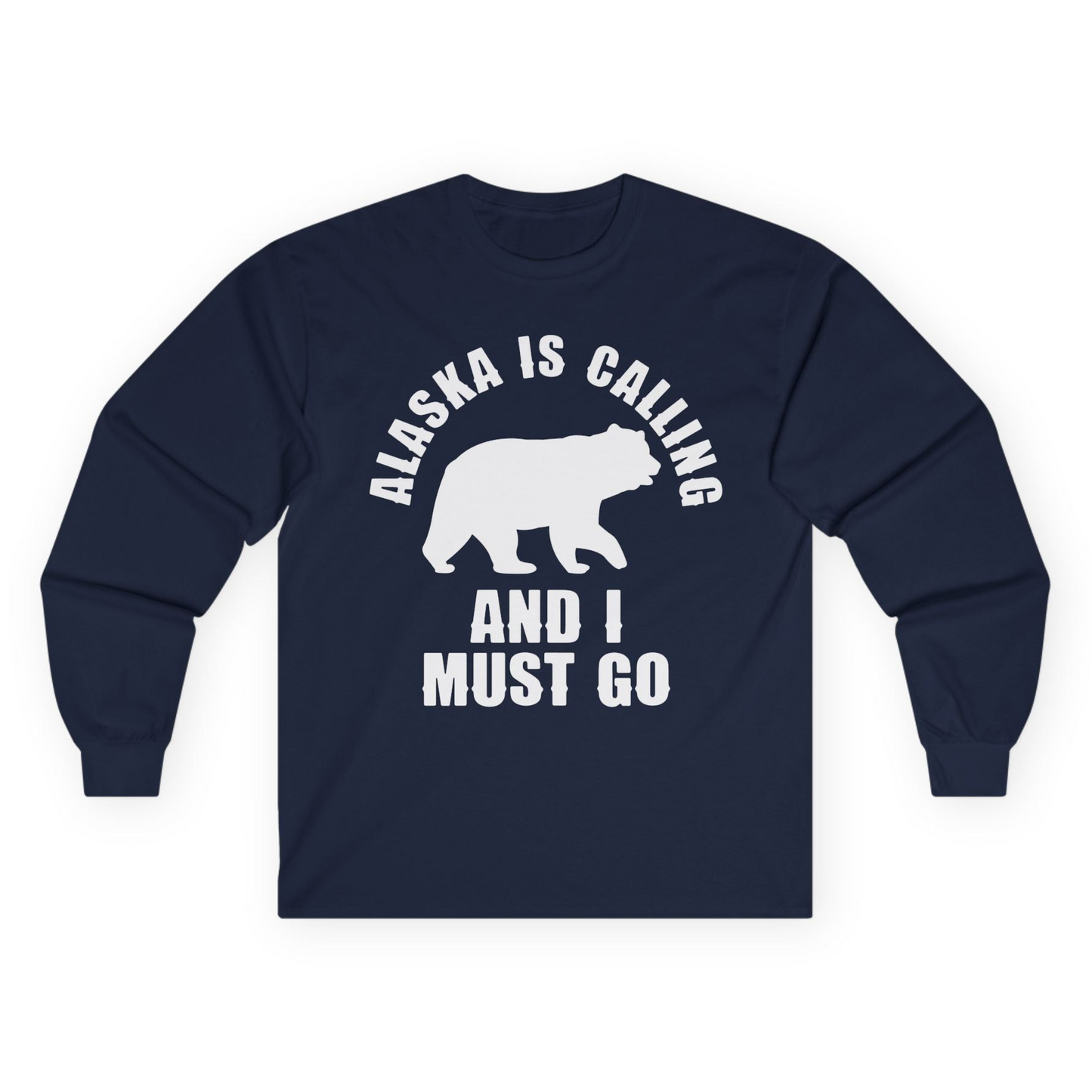 Alaska Is Calling Bear Silhouette Adventure Shirt - Bold Travel Quote Tee Long Sleeve Shirt – Navy – Alaska Cruise Shirts