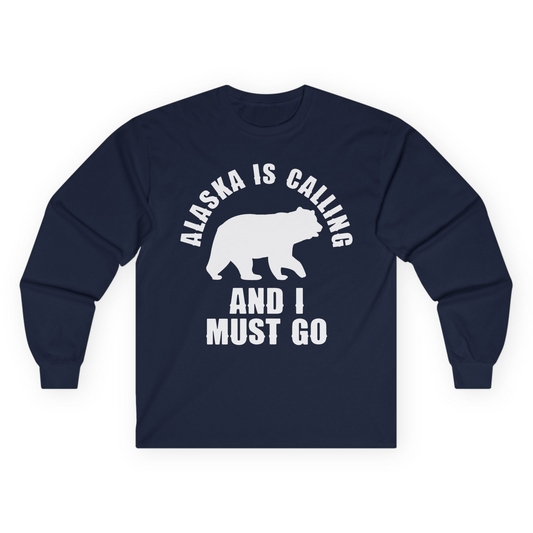 Alaska Is Calling Bear Silhouette Adventure Shirt - Bold Travel Quote Tee Long Sleeve Shirt – Navy – Alaska Cruise Shirts