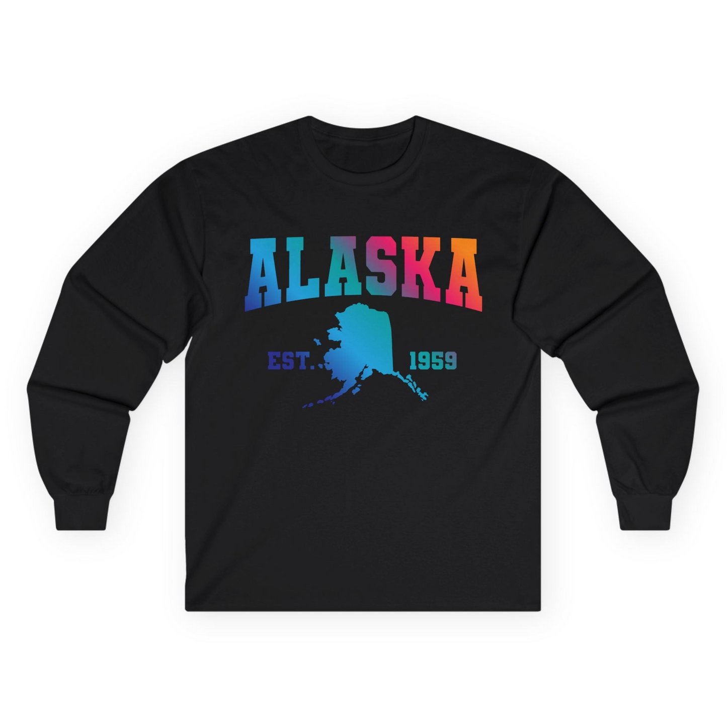 Retro Alaska Est 1959 Shirt - Bold Collegiate Map Gradient Design Long Sleeve Shirt – Black – Alaska Cruise Shirts