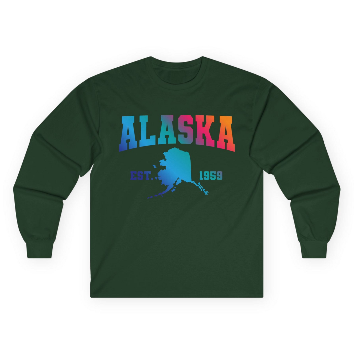 Retro Alaska Est 1959 Shirt - Bold Collegiate Map Gradient Design Long Sleeve Shirt – Forest Green – Alaska Cruise Shirts
