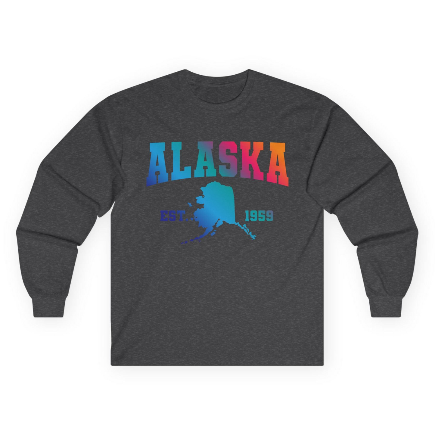 Retro Alaska Est 1959 Shirt - Bold Collegiate Map Gradient Design Long Sleeve Shirt – Dark Heather – Alaska Cruise Shirts