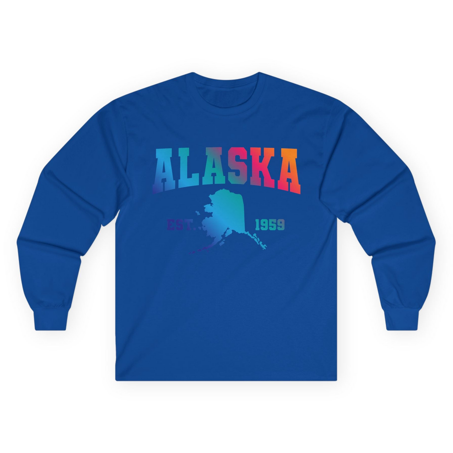 Retro Alaska Est 1959 Shirt - Bold Collegiate Map Gradient Design Long Sleeve Shirt – Royal – Alaska Cruise Shirts