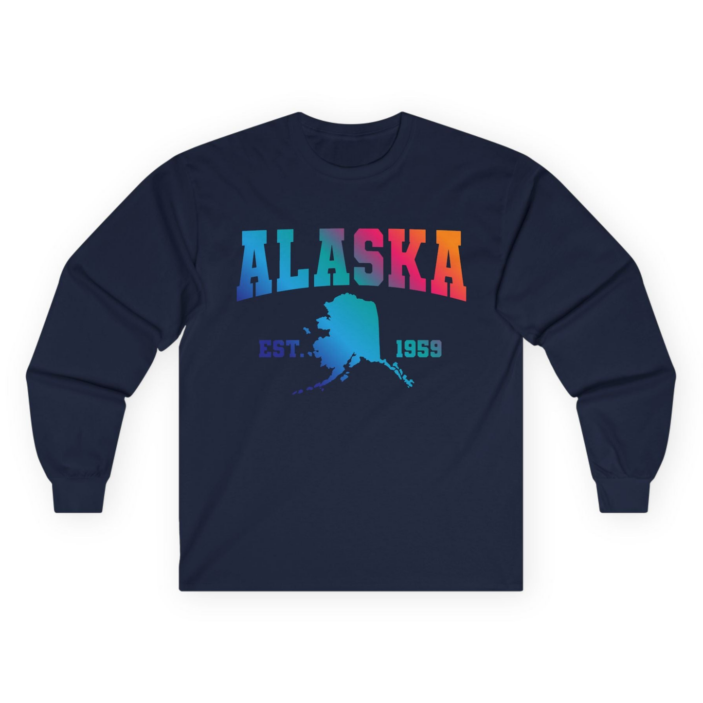Retro Alaska Est 1959 Shirt - Bold Collegiate Map Gradient Design Long Sleeve Shirt – Navy – Alaska Cruise Shirts