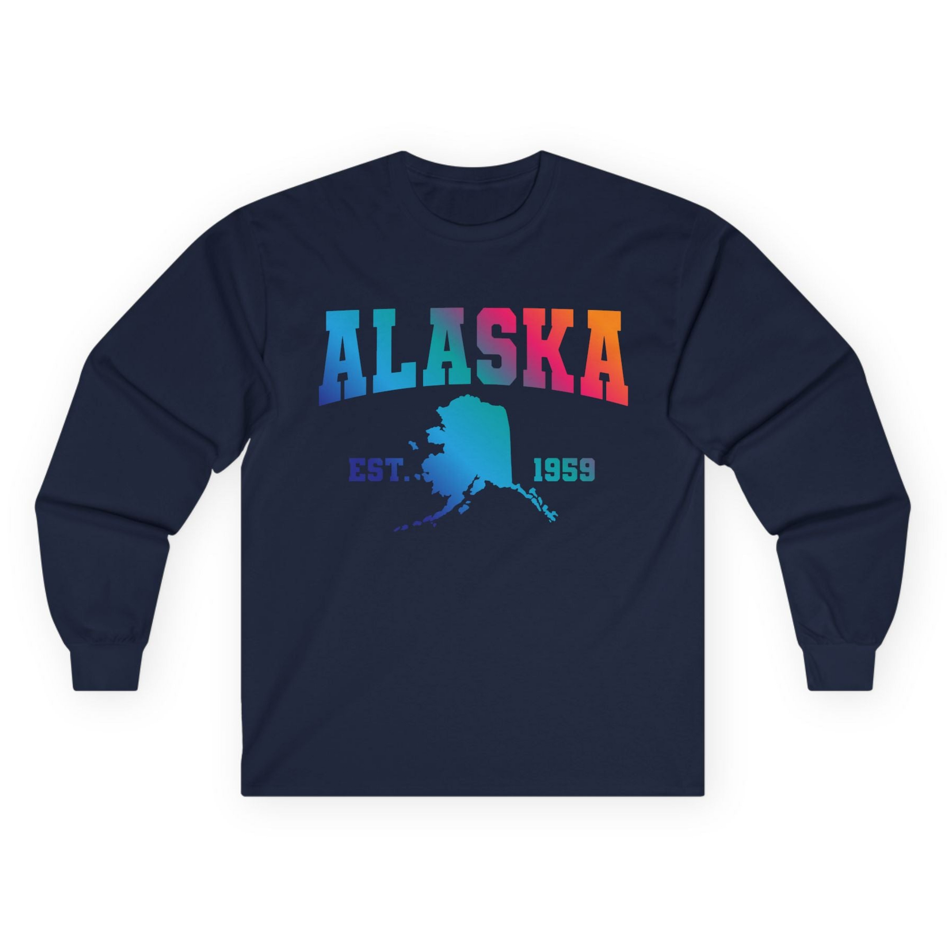 Retro Alaska Est 1959 Shirt - Bold Collegiate Map Gradient Design Long Sleeve Shirt – Navy – Alaska Cruise Shirts