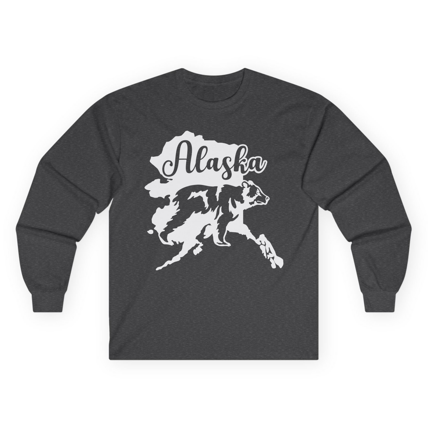 Alaska Bear Silhouette Shirt - Bold Wilderness Wildlife Graphic Tee Long Sleeve Shirt – Dark Heather – Alaska Cruise Shirts