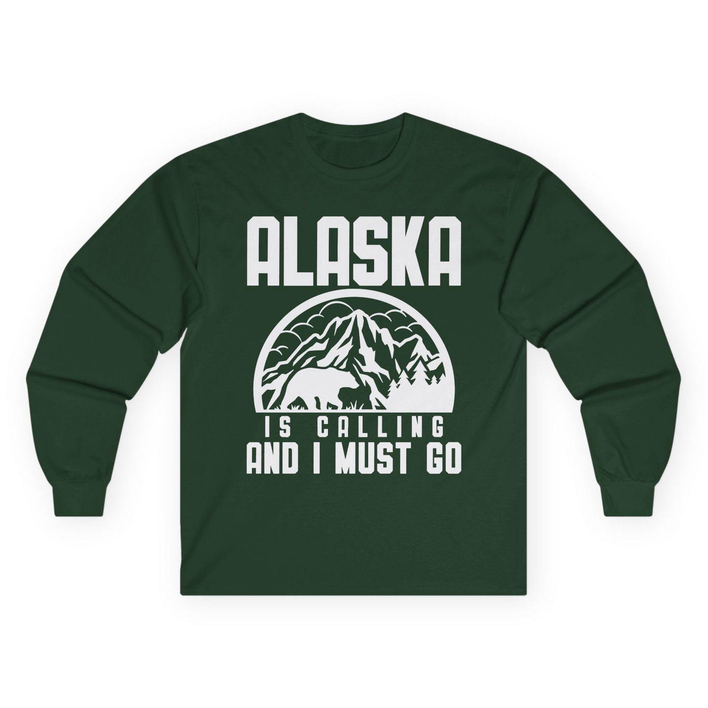 Alaska Is Calling Shirt - Mountain Bear Silhouette Adventure Tee Long Sleeve Shirt – Forest Green – Alaska Cruise Shirts