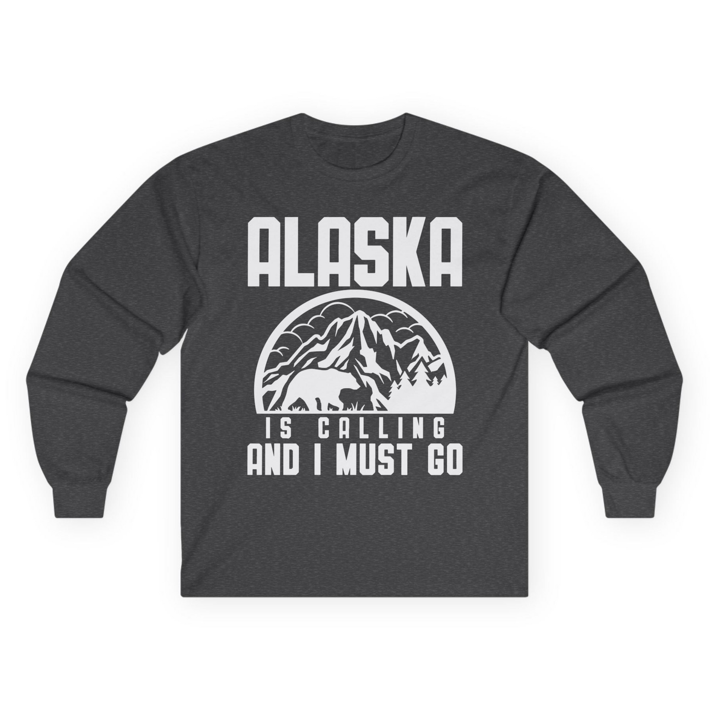 Alaska Is Calling Shirt - Mountain Bear Silhouette Adventure Tee Long Sleeve Shirt – Dark Heather – Alaska Cruise Shirts
