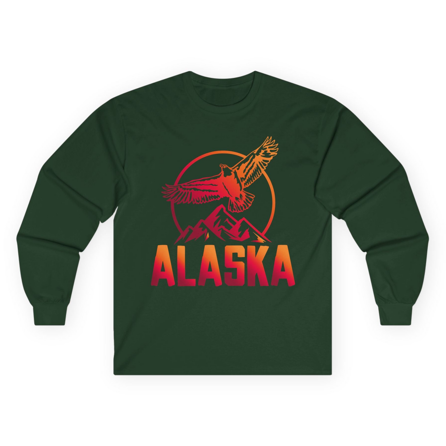 Alaska Eagle Mountains Graphic Shirt - Sunset Bold Adventure Nature Tee Long Sleeve Shirt – Forest Green – Alaska Cruise Shirts