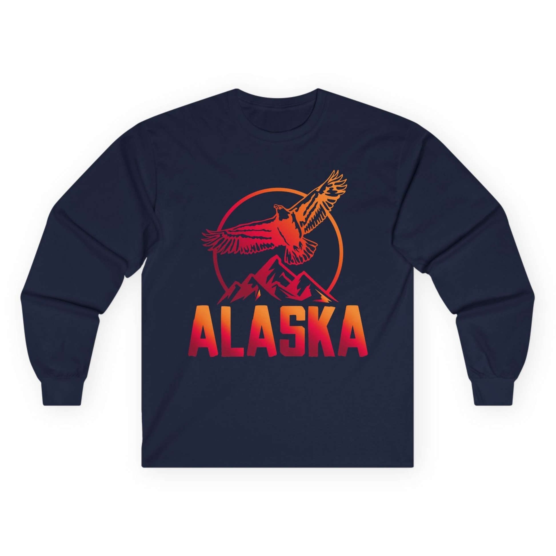 Alaska Eagle Mountains Graphic Shirt - Sunset Bold Adventure Nature Tee Long Sleeve Shirt – Navy – Alaska Cruise Shirts