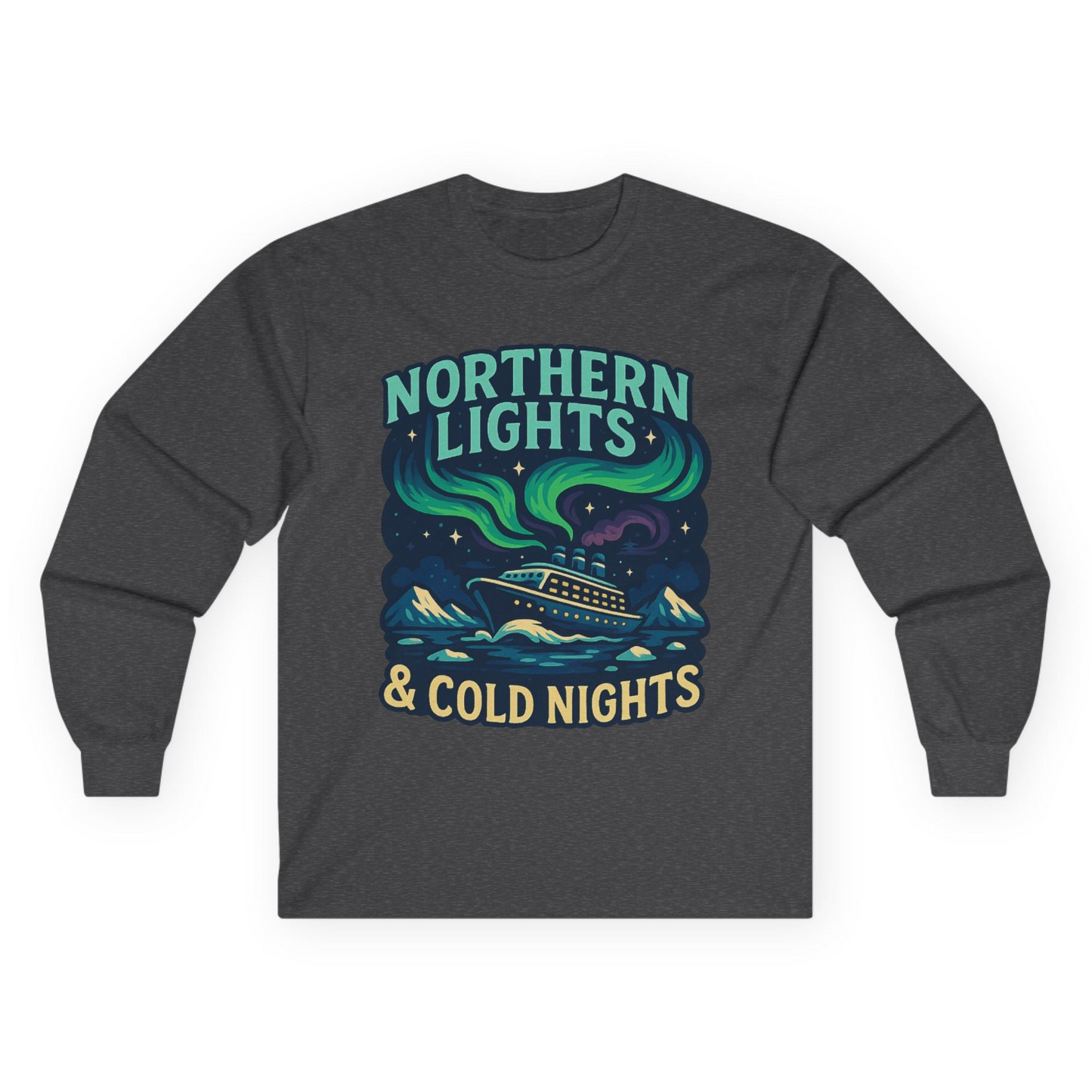 Northern Lights Alaska Cruise Ship Night Adventure Travel Shirt Long Sleeve Shirt – Dark Heather – Alaska Cruise Shirts