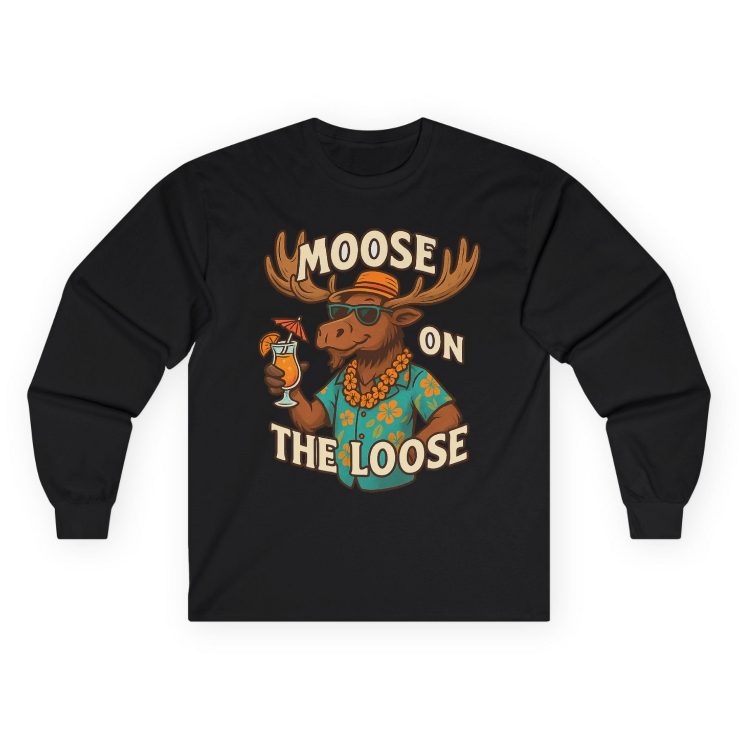 Moose On The Loose Funny Tropical Cartoon Vacation Shirt Long Sleeve Shirt – Black – Alaska Cruise Shirts