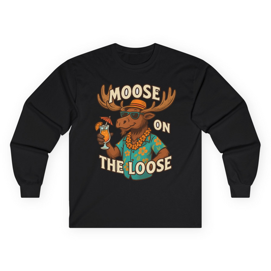 Moose On The Loose Funny Tropical Cartoon Vacation Shirt Long Sleeve Shirt – Black – Alaska Cruise Shirts
