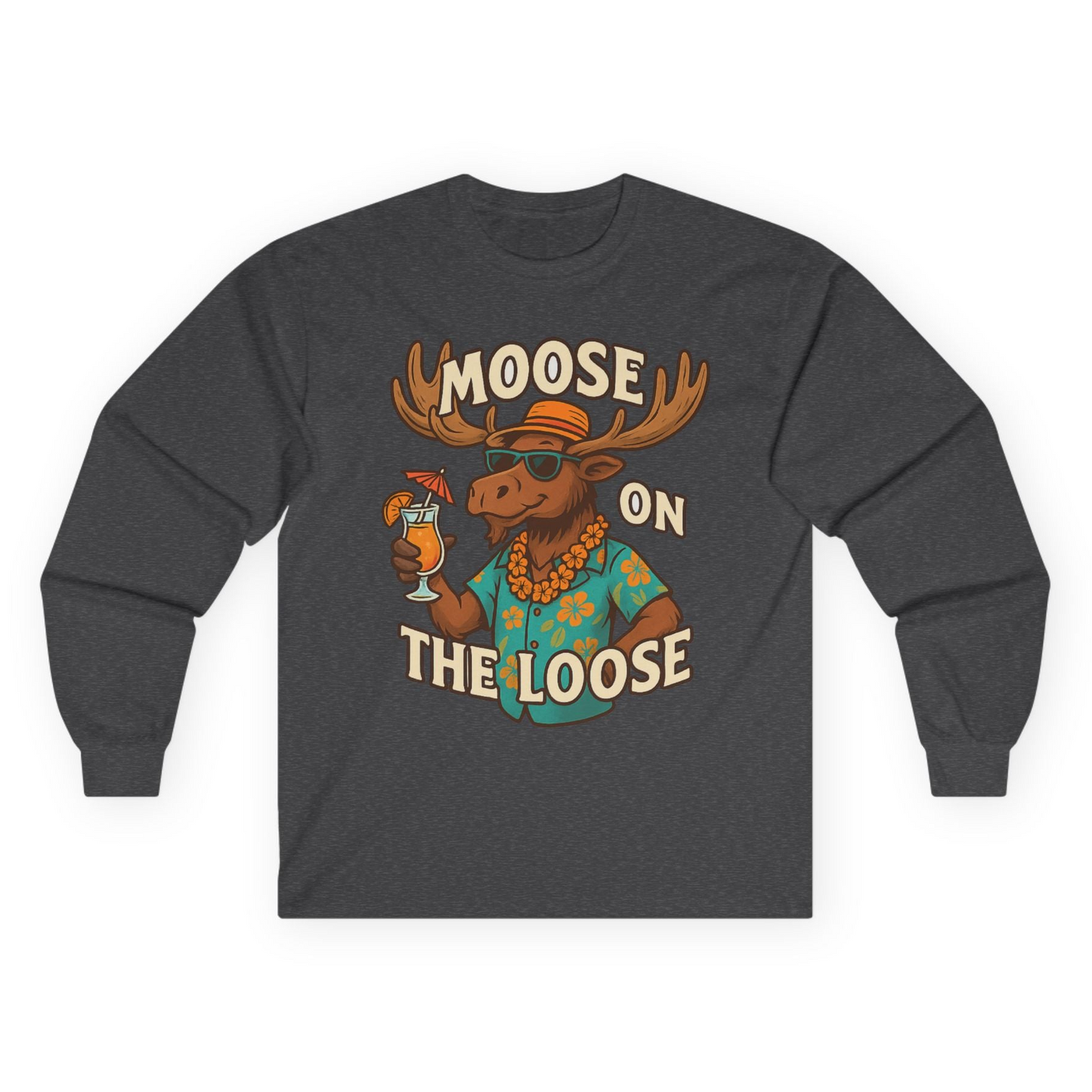 Moose On The Loose Funny Tropical Cartoon Vacation Shirt Long Sleeve Shirt – Dark Heather – Alaska Cruise Shirts