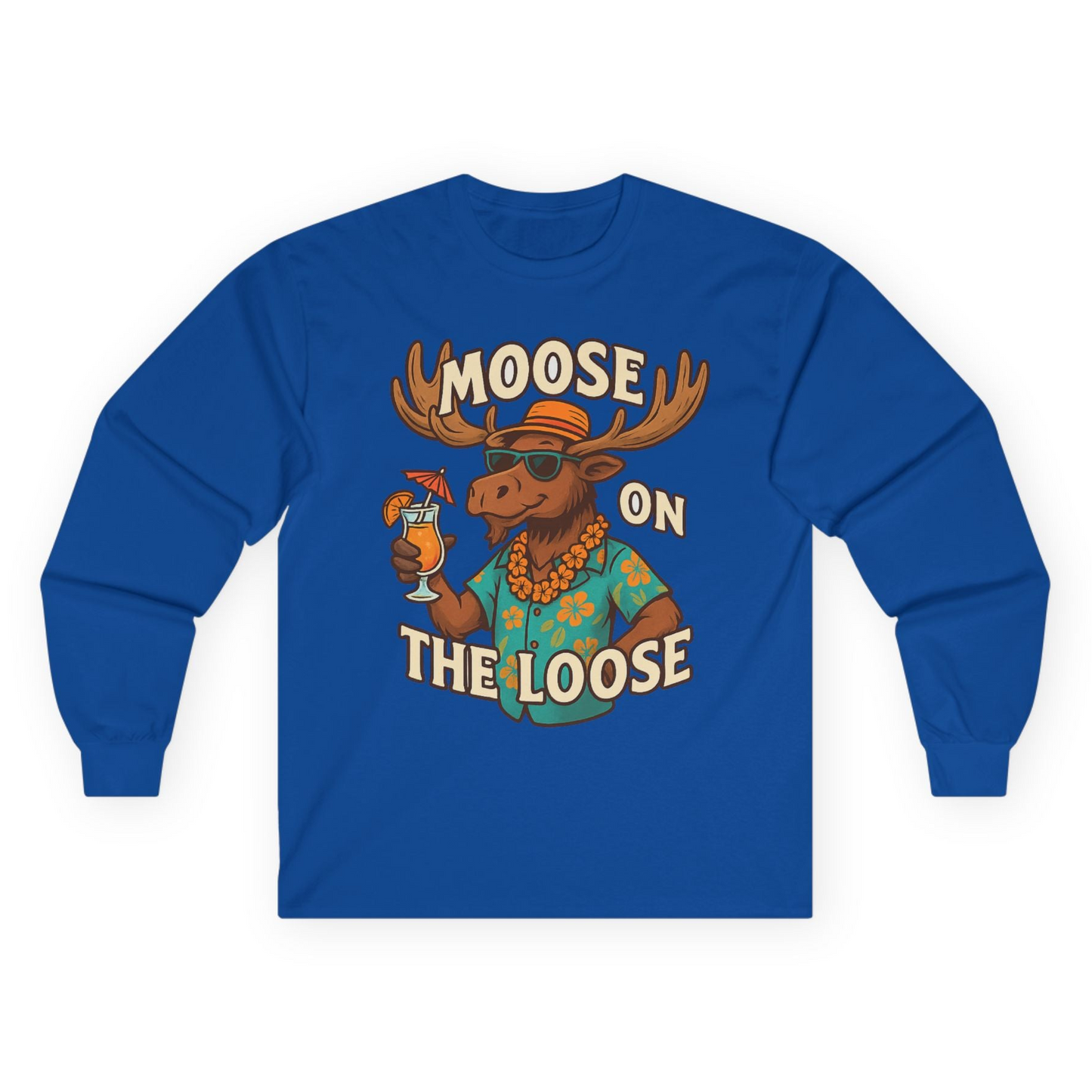 Moose On The Loose Funny Tropical Cartoon Vacation Shirt Long Sleeve Shirt – Royal – Alaska Cruise Shirts