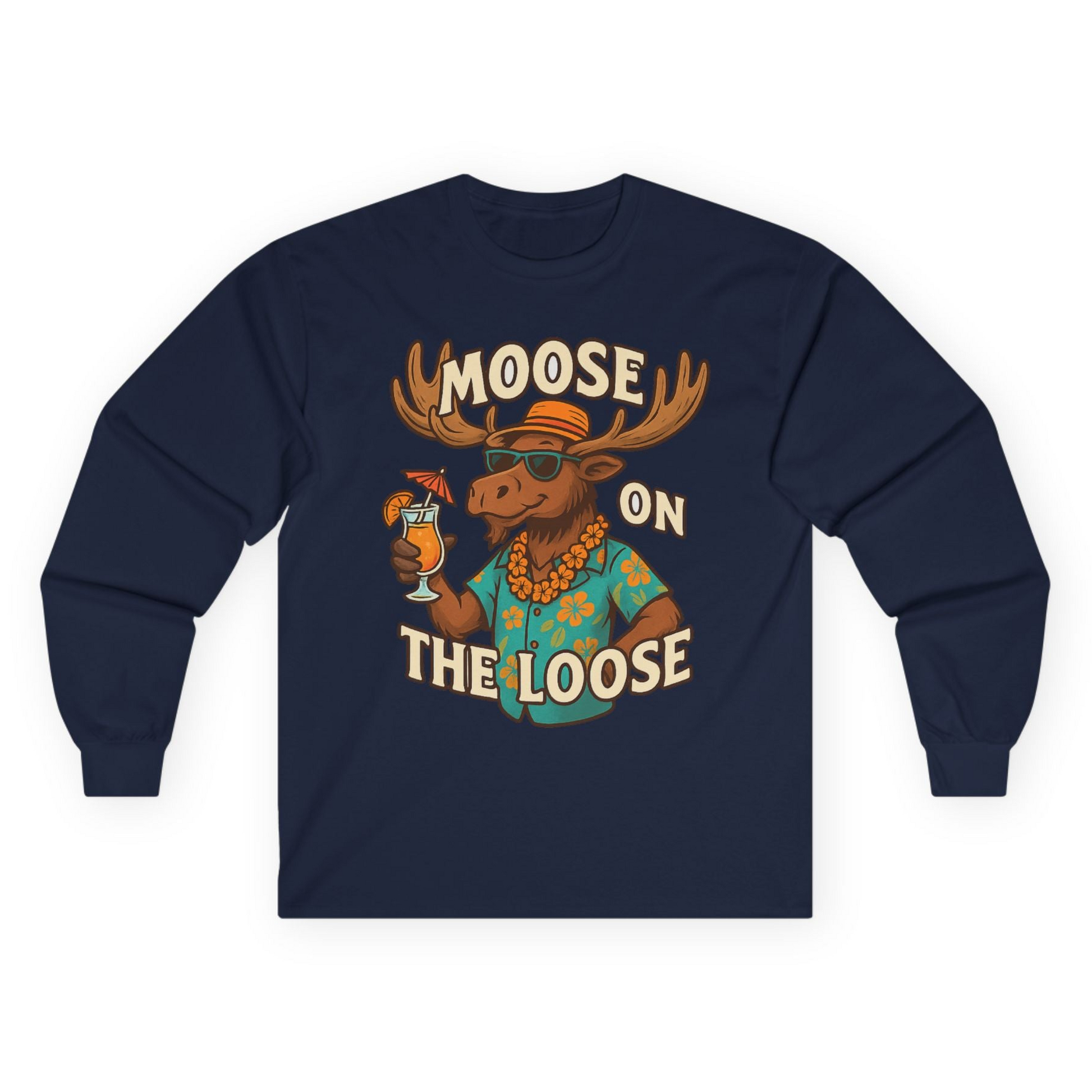 Moose On The Loose Funny Tropical Cartoon Vacation Shirt Long Sleeve Shirt – Navy – Alaska Cruise Shirts