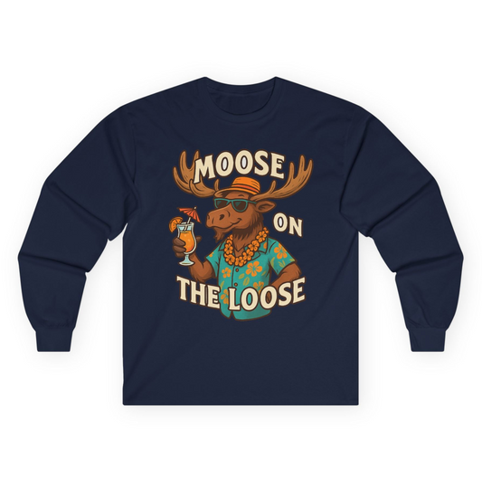 Moose On The Loose Funny Tropical Cartoon Vacation Shirt Long Sleeve Shirt – Navy – Alaska Cruise Shirts