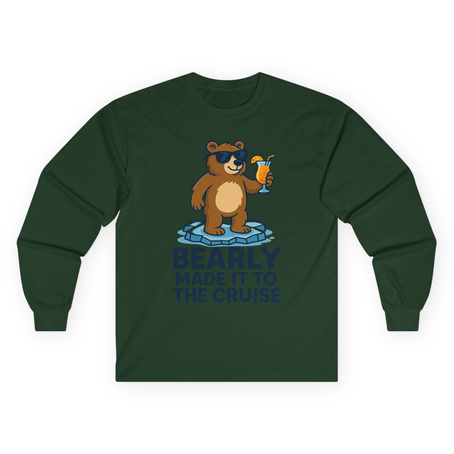 Bear Cruise Shirt - Funny Cartoon Bear With Sunglasses on Vacation Long Sleeve Shirt – Forest Green – Alaska Cruise Shirts