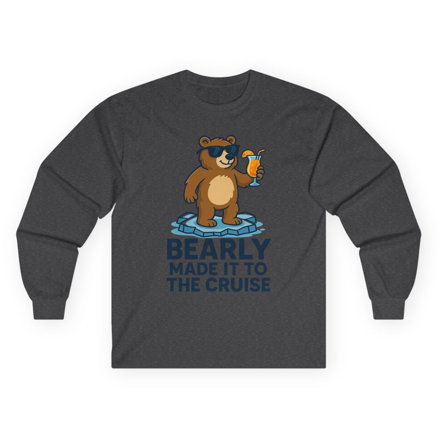 Bear Cruise Shirt - Funny Cartoon Bear With Sunglasses on Vacation Long Sleeve Shirt – Dark Heather – Alaska Cruise Shirts