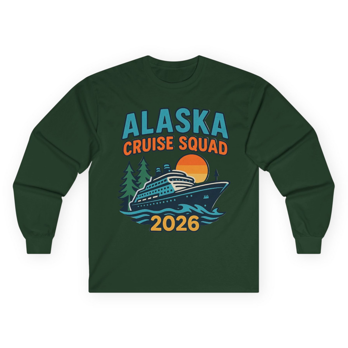 Alaska Cruise Squad Shirt - Retro Sunset Adventure Family Group Tee Long Sleeve Shirt – Forest Green – Alaska Cruise Shirts