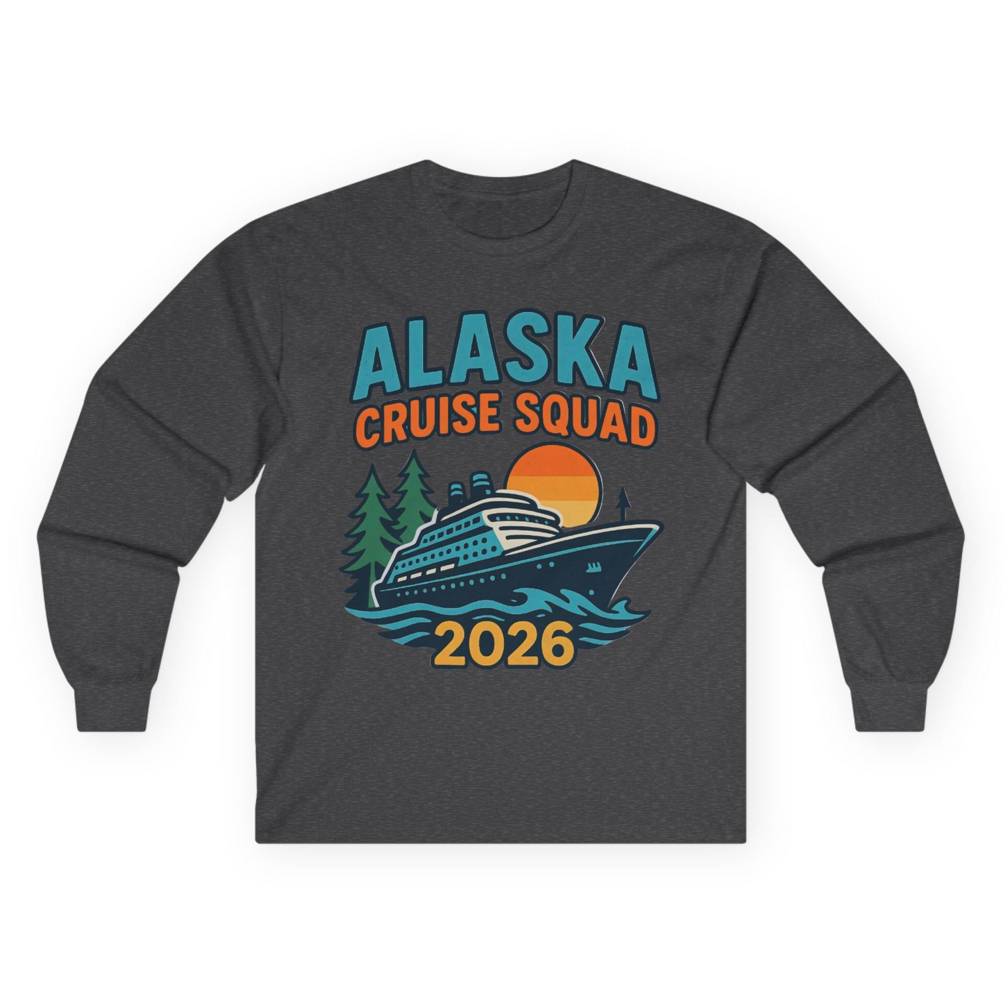 Alaska Cruise Squad Shirt - Retro Sunset Adventure Family Group Tee Long Sleeve Shirt – Dark Heather – Alaska Cruise Shirts
