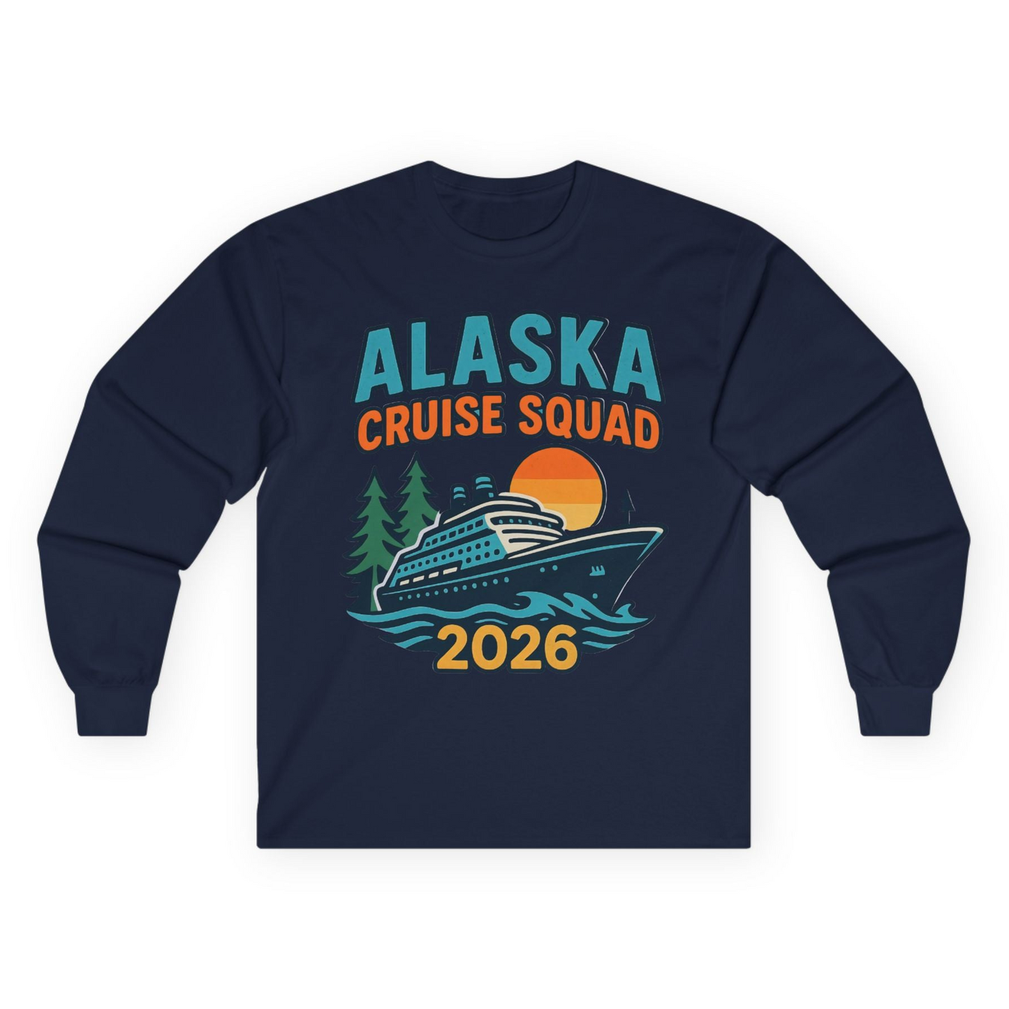 Alaska Cruise Squad Shirt - Retro Sunset Adventure Family Group Tee Long Sleeve Shirt – Navy – Alaska Cruise Shirts