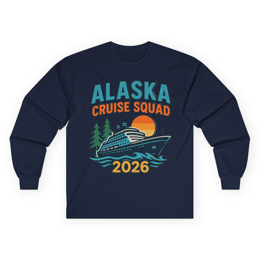 Alaska Cruise Squad Shirt - Retro Sunset Adventure Family Group Tee Long Sleeve Shirt – Navy – Alaska Cruise Shirts