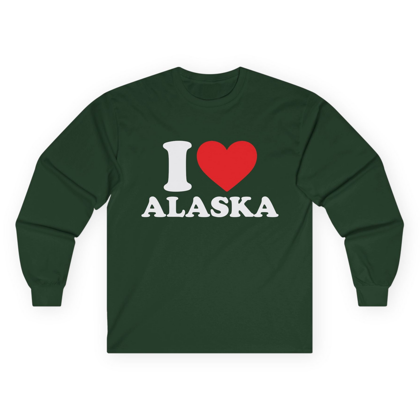 I Love Alaska Shirt - Bold Heart Graphic Retro Alaska Cruise Tee Long Sleeve Shirt – Forest Green – Alaska Cruise Shirts