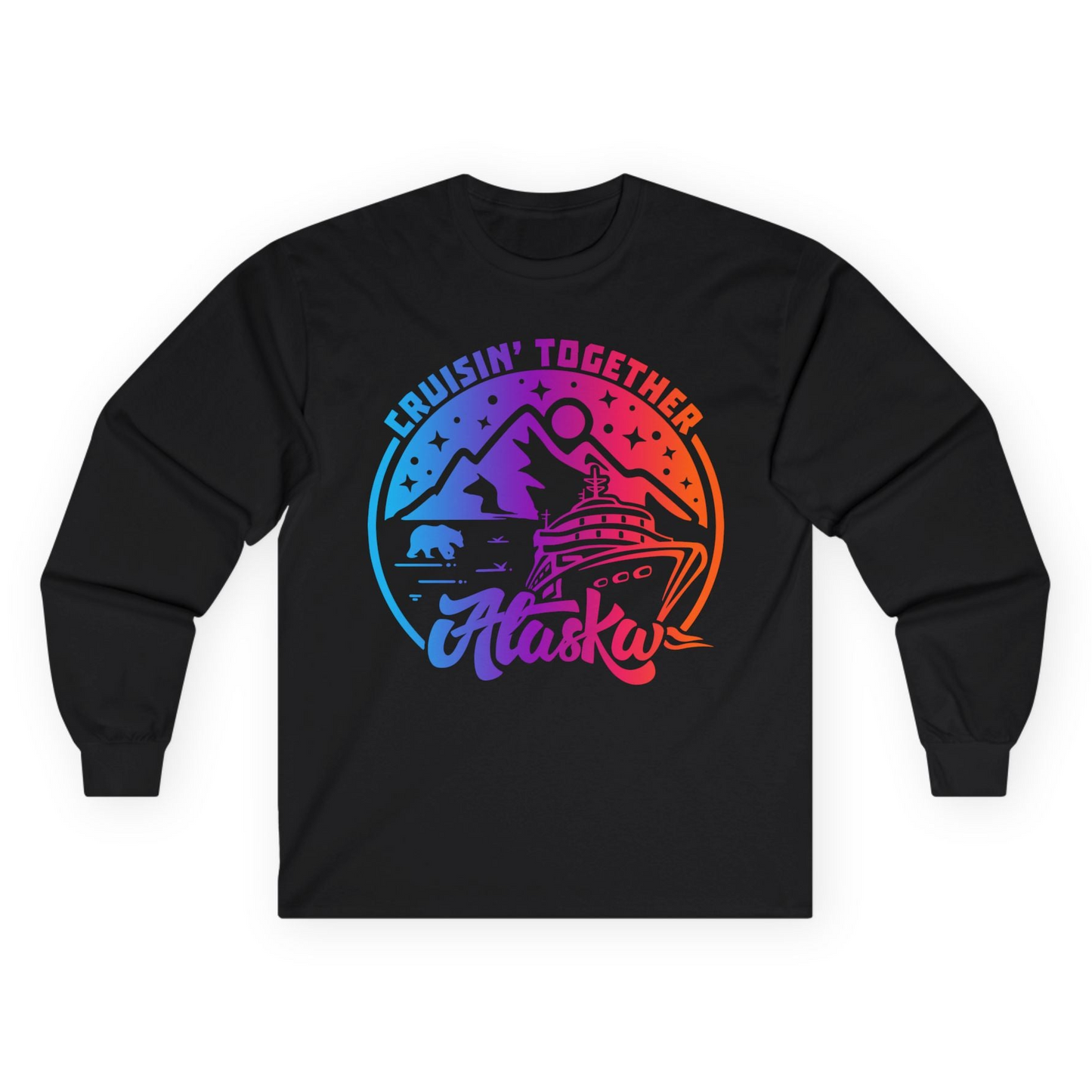 Alaska Cruise Shirt - Mountain Scenery Retro Wildlife Gradient Design Long Sleeve Shirt – Black – Alaska Cruise Shirts