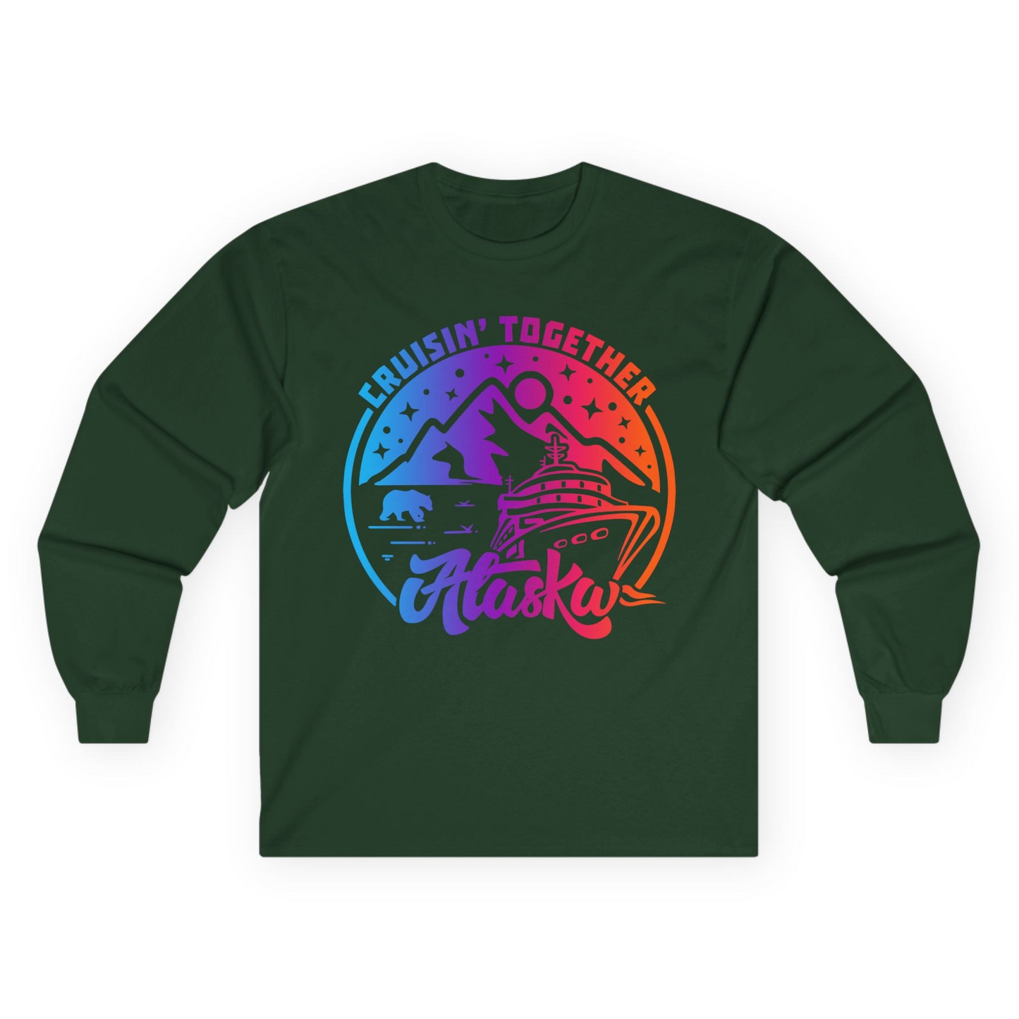 Alaska Cruise Shirt - Mountain Scenery Retro Wildlife Gradient Design Long Sleeve Shirt – Forest Green – Alaska Cruise Shirts