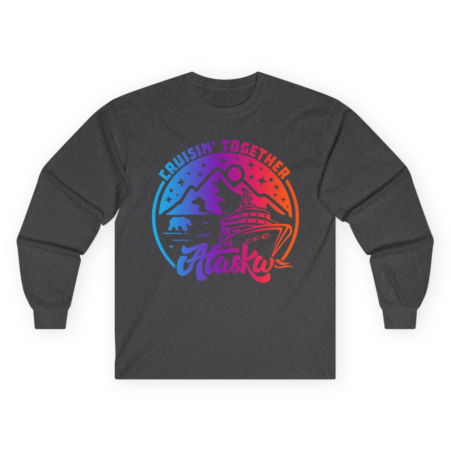 Alaska Cruise Shirt - Mountain Scenery Retro Wildlife Gradient Design Long Sleeve Shirt – Dark Heather – Alaska Cruise Shirts