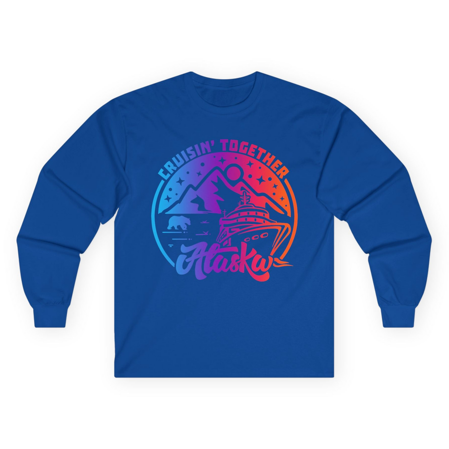 Alaska Cruise Shirt - Mountain Scenery Retro Wildlife Gradient Design Long Sleeve Shirt – Royal – Alaska Cruise Shirts